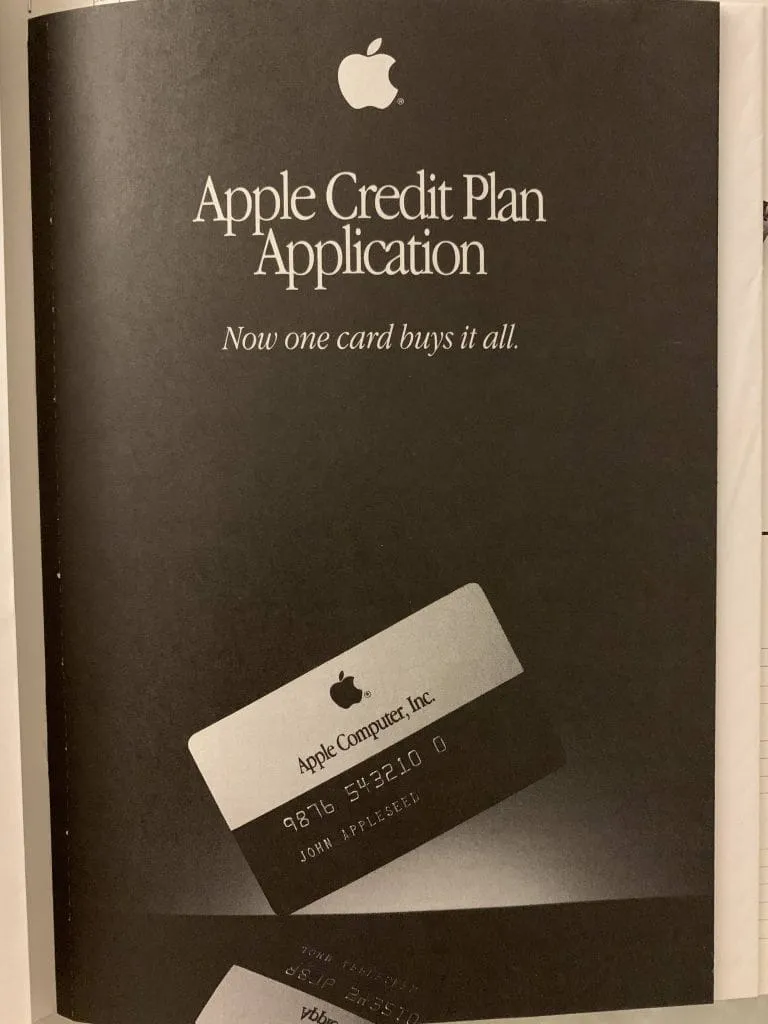A 1992 Apple catalog page showing an Apple-branded credit card and its terms and conditions