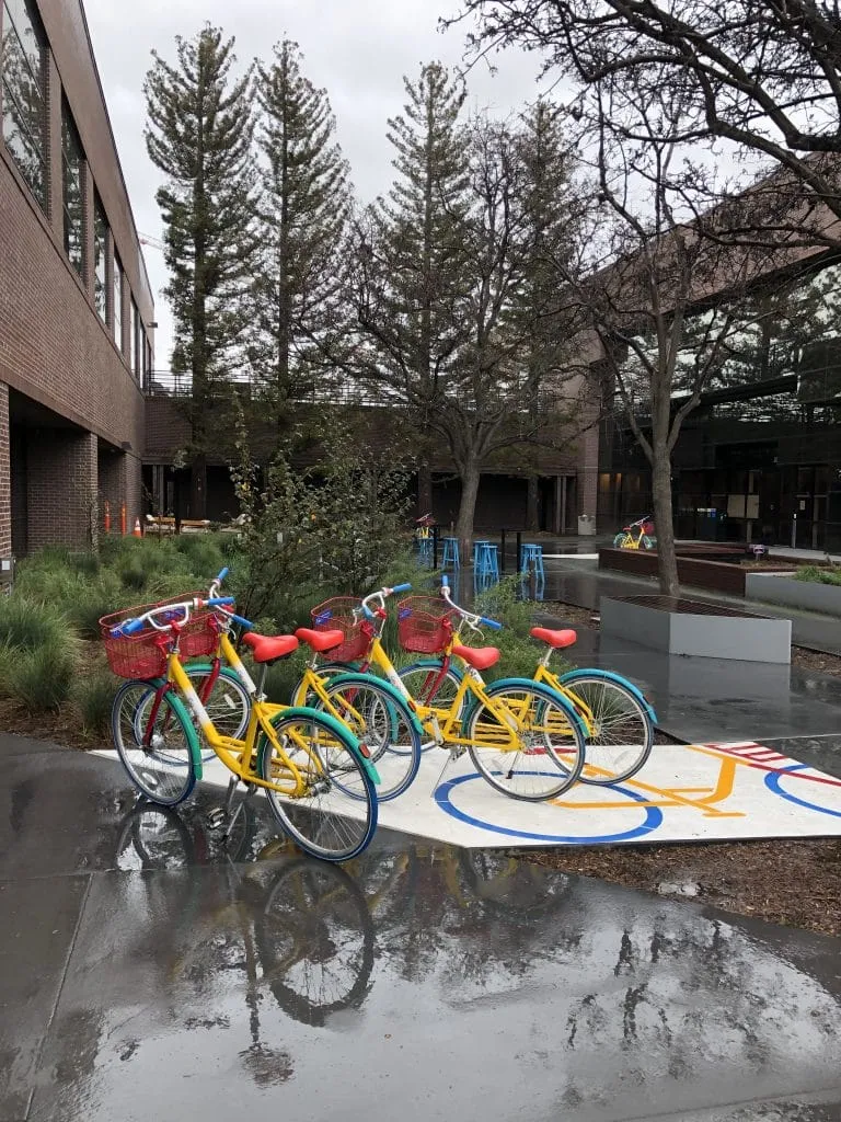 Bikes parked at the open, public part of the Google campus