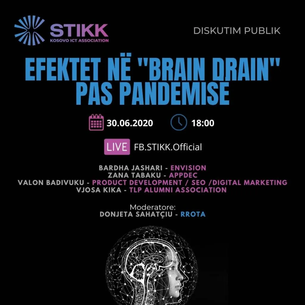 The STIKK poster for the public discussion "Efektet në 'brain drain' pas pandemise" on 30 June 2020 at 18:00, listing the panellists including me, over an illustration of a head filled with a network of light.