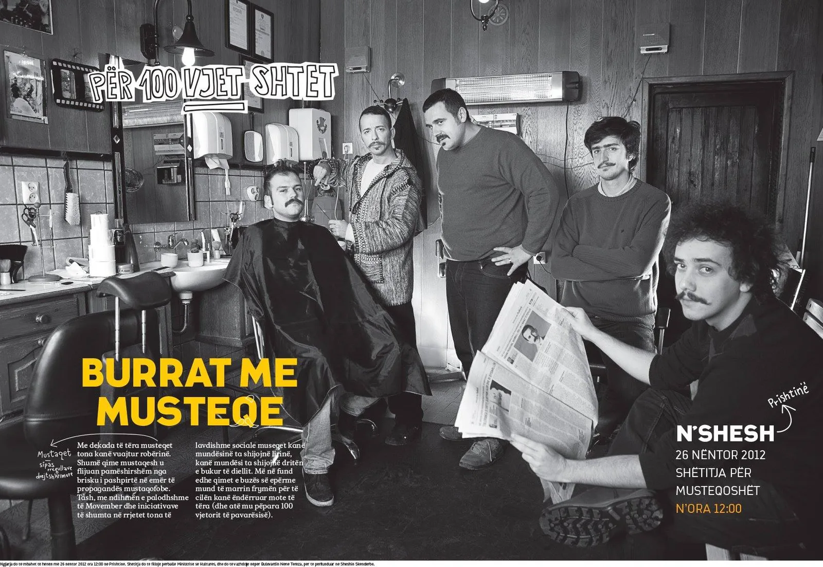 The "Burrat me Musteqe" poster: a black and white photograph of five moustachioed men in a Prishtina barbershop, one mid-shave in the chair, one reading a newspaper, under the hand-lettered line "Për 100 vjet shtet".