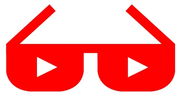 A pair of glasses drawn in YouTube red, with a white play button in each lens.