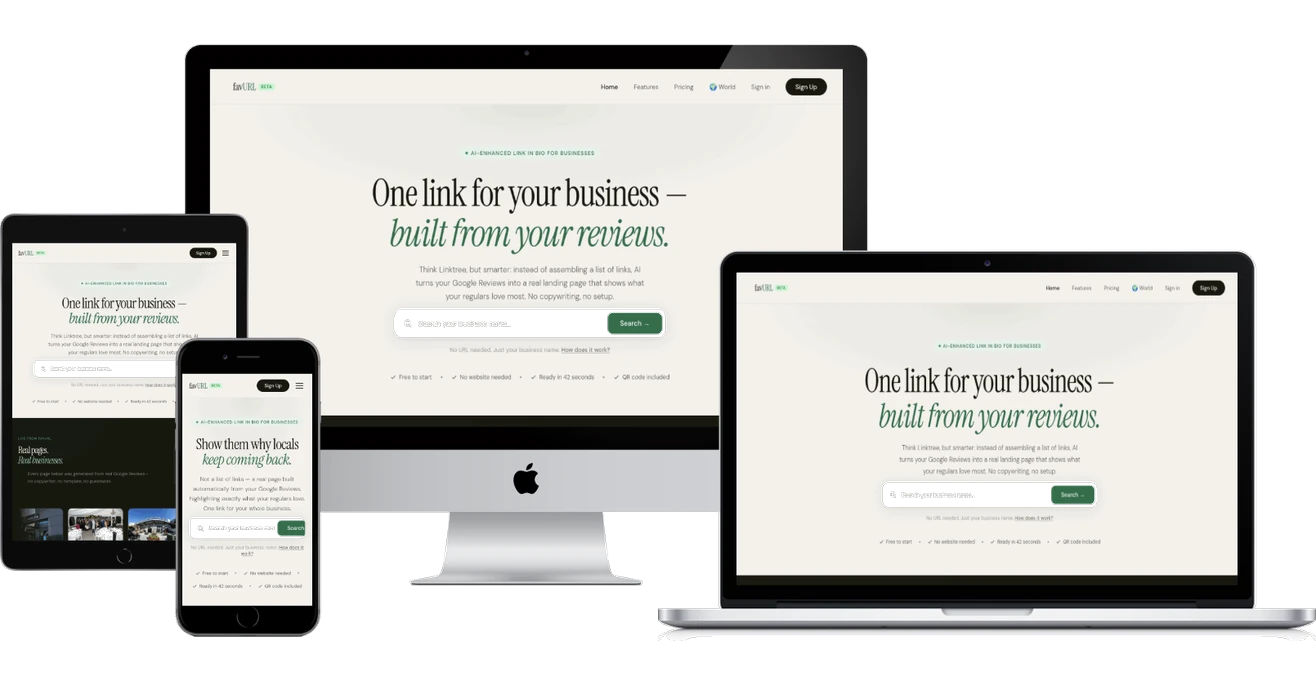 favURL landing page headline "One link for your business — built from your reviews" shown across desktop, laptop, tablet, and phone