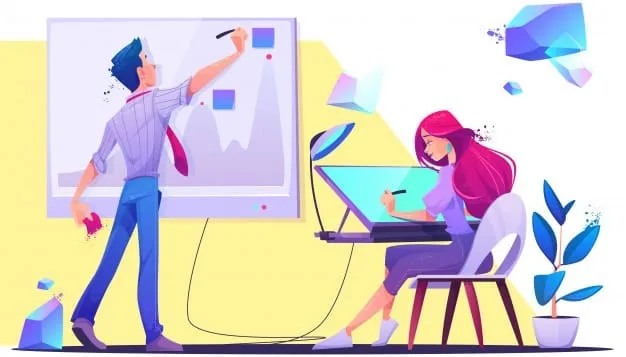 A flat vector illustration of two designers at work: one drawing a chart on a whiteboard, the other sketching on a graphics tablet at a desk, in purple, blue and yellow.