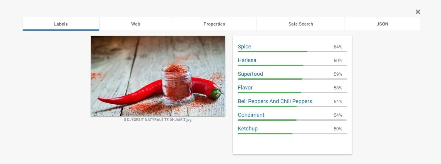 Google Cloud Vision label detection for the cayenne pepper photo: Spice 64%, Harissa 60%, Superfood 59%, Flavor 58%, Bell Peppers and Chili Peppers 54%, Condiment 54%, Ketchup 50%