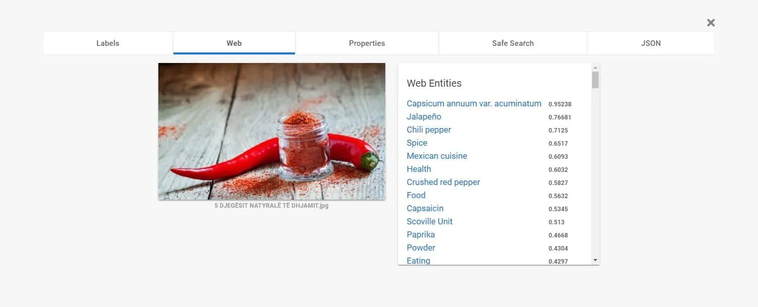 Web entities Google Cloud Vision matched to the image, led by Capsicum annuum var. acuminatum