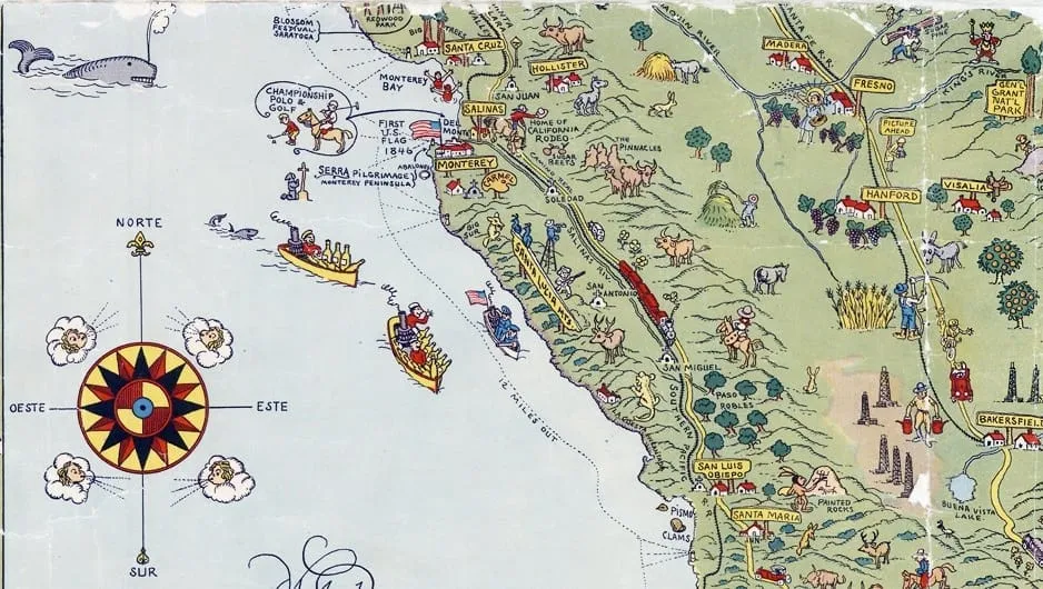 large detailed old tourist illustrated map of California state