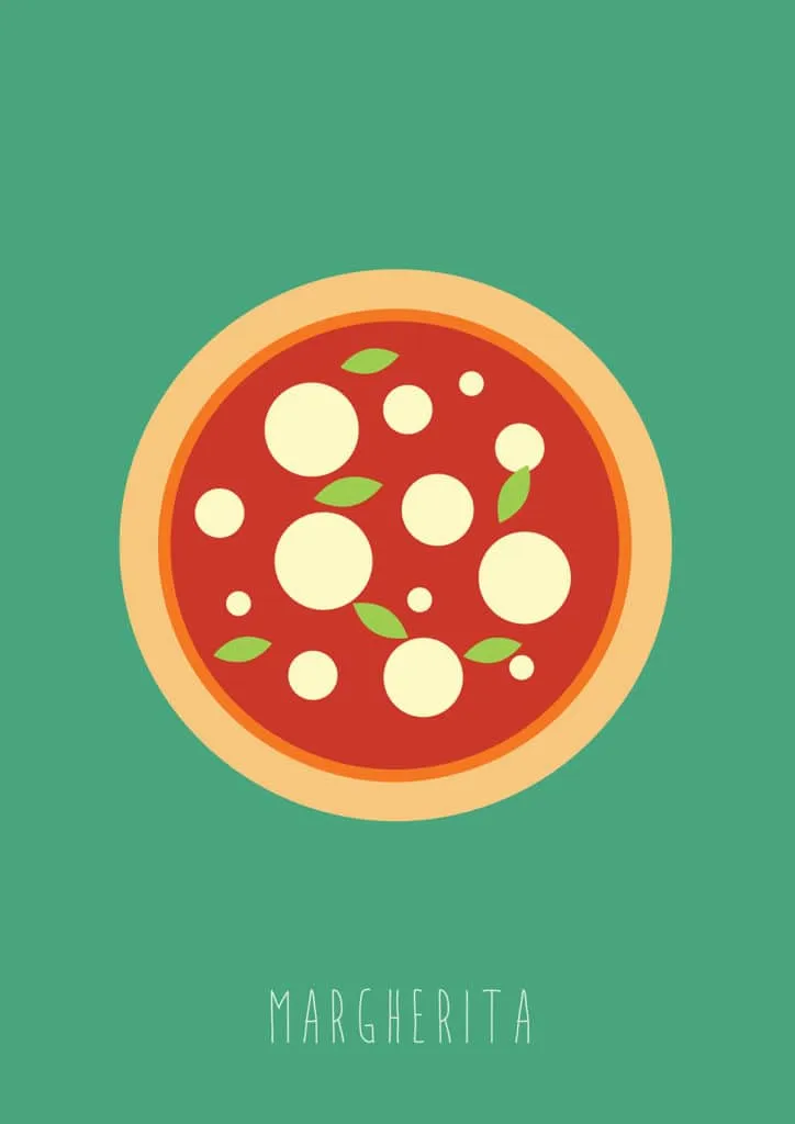 A flat illustration of a margherita pizza seen from above on a green background, labelled "MARGHERITA".