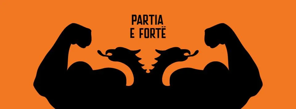 The Partia e Fortë banner: a black flexing double-headed eagle, two muscular arms meeting at the centre, on a flat orange field with the party name set above it.