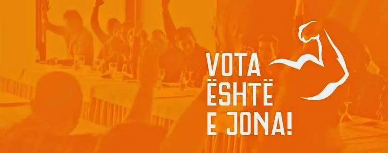 A Partia e Fortë banner reading "Vota është e jona!" (the vote is ours) beside the flexing-arm logo, over an orange-washed photo of people raising their hands around a long table.