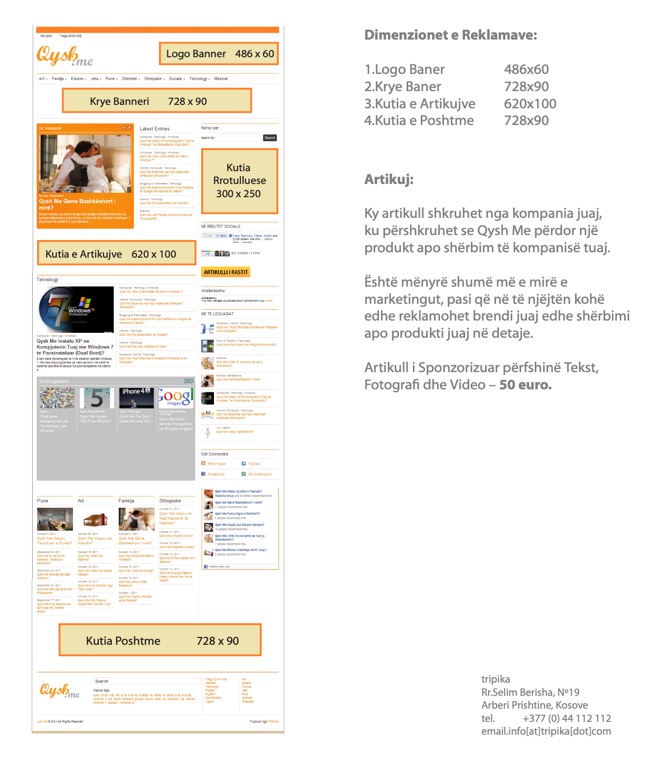 A Qysh Me advertising rate card laying banner slots over a screenshot of the site: Logo Banner 486x60, Krye Banneri 728x90, Kutia e Artikujve 620x100, Kutia Poshtme 728x90, and a sponsored article with text, photo and video for 50 euro.