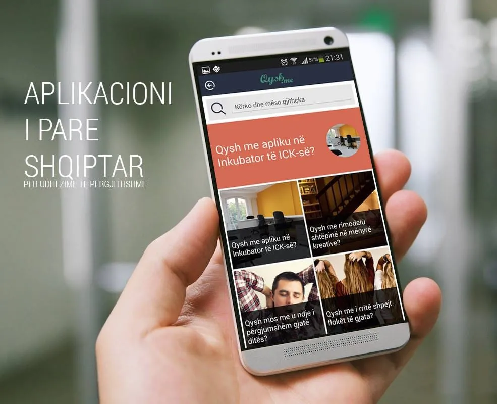 Hand holding a phone running the Qysh Me mobile app, labeled "the first Albanian app"