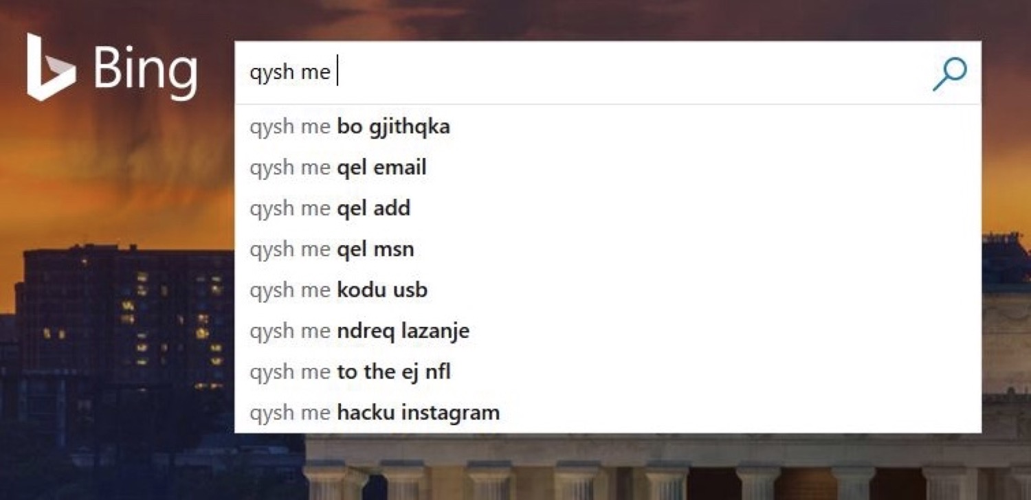 Bing search autocomplete for "qysh me" suggesting "qysh me bo gjithqka", "qysh me qel email", "qysh me qel add", "qysh me kodu usb" and more, all in Albanian.