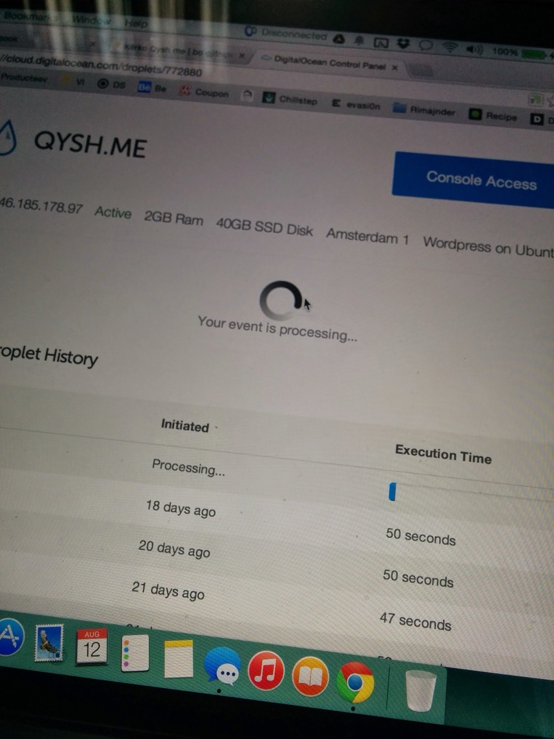 The DigitalOcean control panel for the QYSH.ME droplet: 46.185.178.97, Active, 2GB RAM, 40GB SSD Disk, Amsterdam 1, WordPress on Ubuntu.
