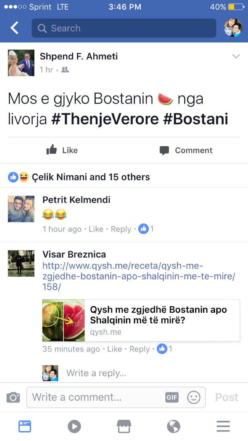 A Facebook post by Shpend F. Ahmeti about watermelon, where a reader has dropped a link to a Qysh Me recipe, "Qysh me zgjedhë Bostanin apo Shalqinin më të mirë?", into the comments.