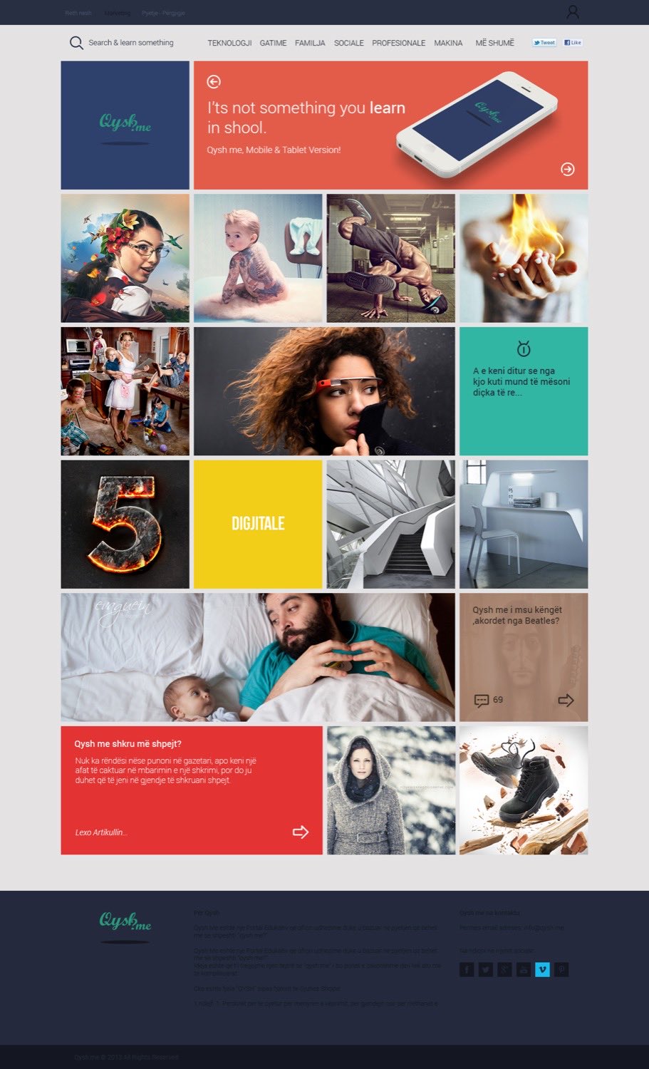 The Qysh Me homepage as a grid of tiles, each one a question: "Qysh me hurit peshk?", "Qysh me kalu ne tatuazh me photoshop?", "Qysh me pastru dhomen tuaj?", and dozens more, under the tagline "It's not something you learn in school."
