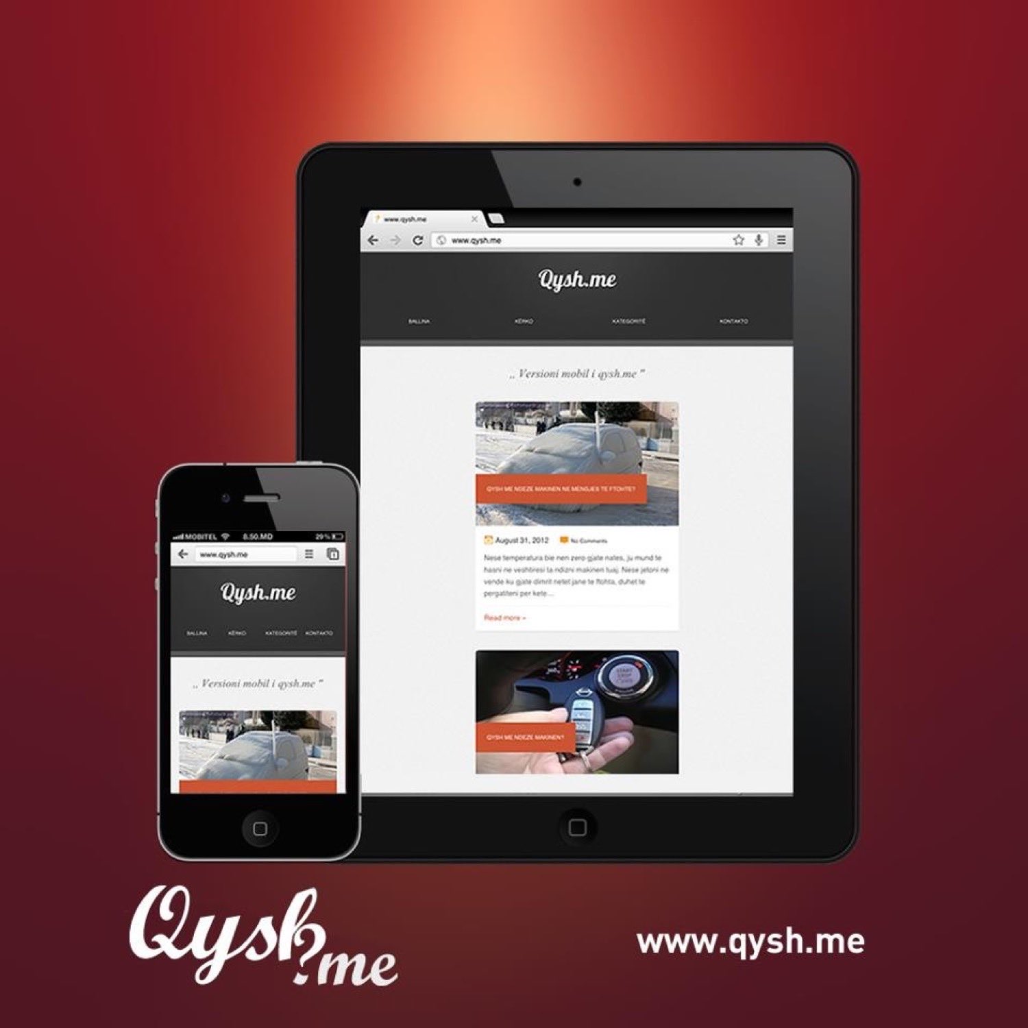 A promo graphic showing Qysh Me on an iPad and an iPhone side by side, labelled "Versioni mobil i qysh.me," with the qysh.me wordmark.