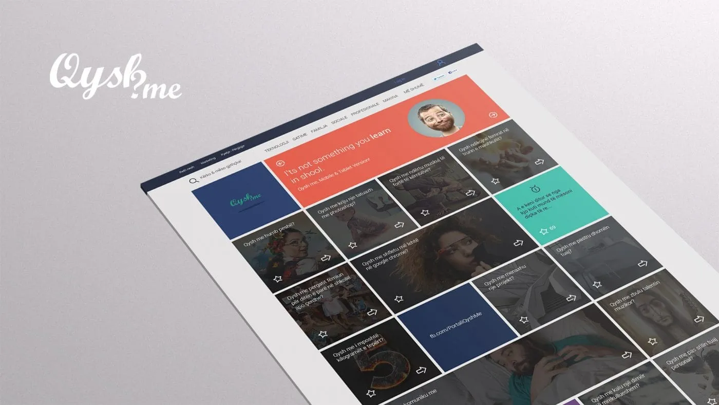 Mockup of the redesigned Qysh Me site with a colorful grid of article tiles