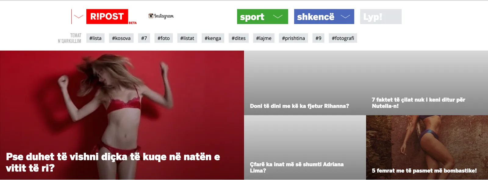 The Ripost homepage in beta: logo with a BETA label, coloured section buttons for sport, shkencë and Lyp!, a running hashtag topic bar, and a featured mosaic