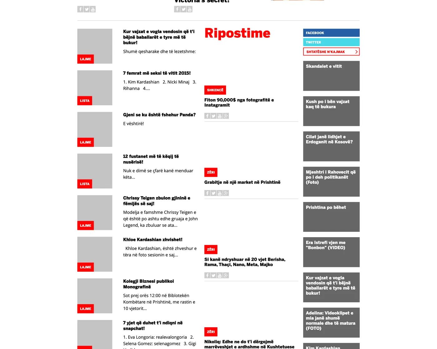 The Ripostime column: a continuous river of items stamped LAJME, LISTA, SHKENCË or ZËRI, with a second stream and a network sidebar alongside