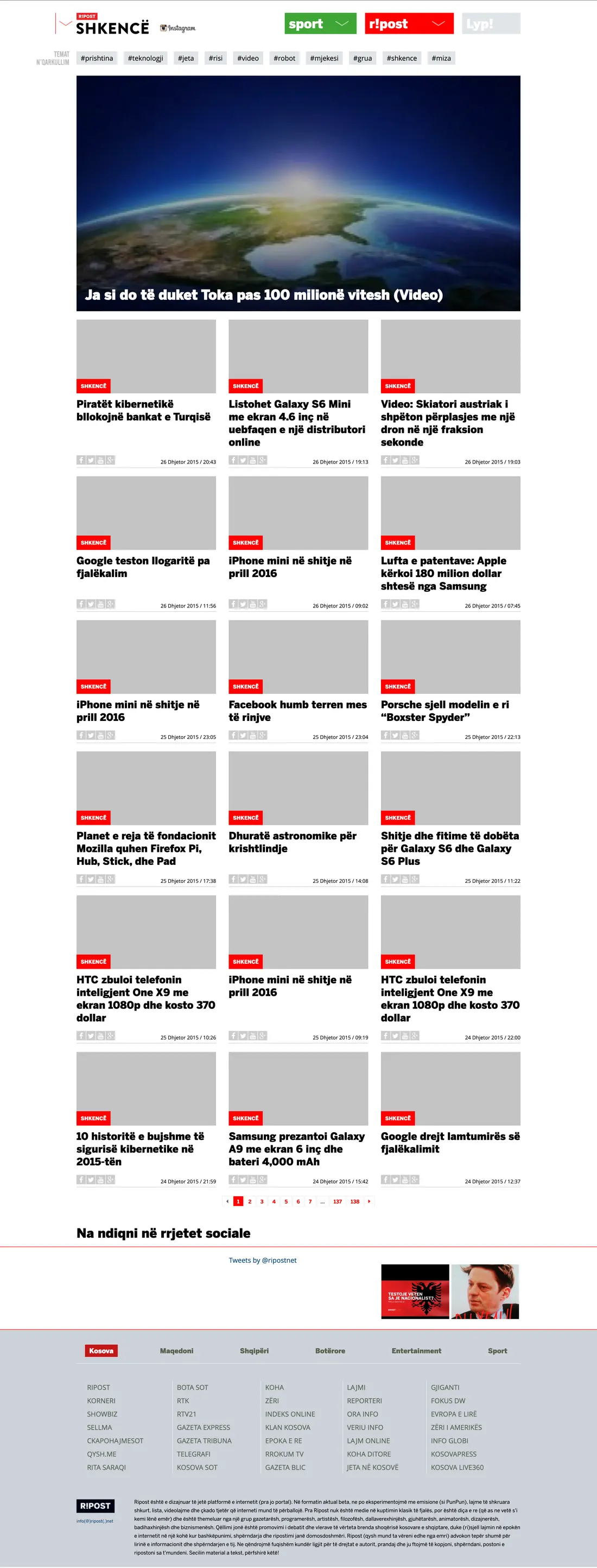 The Ripost science section, Shkencë, running on the same platform with its own colour and topic bar