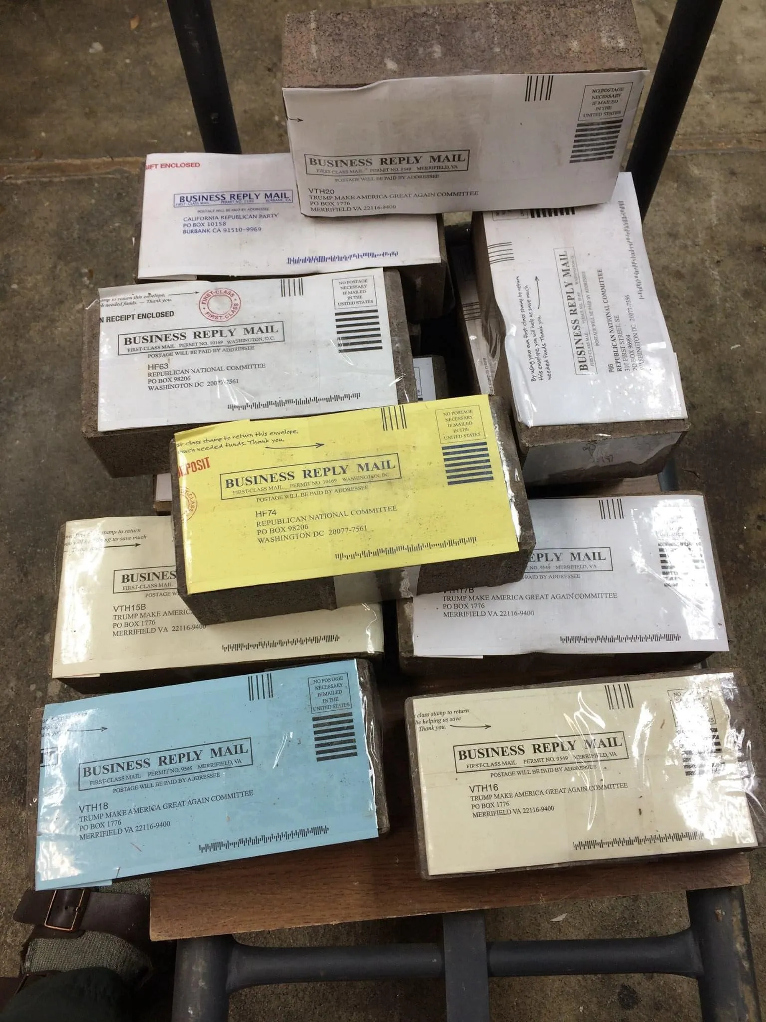 A Facebook post about mailing bricks back to the Trump campaign with its own prepaid postage