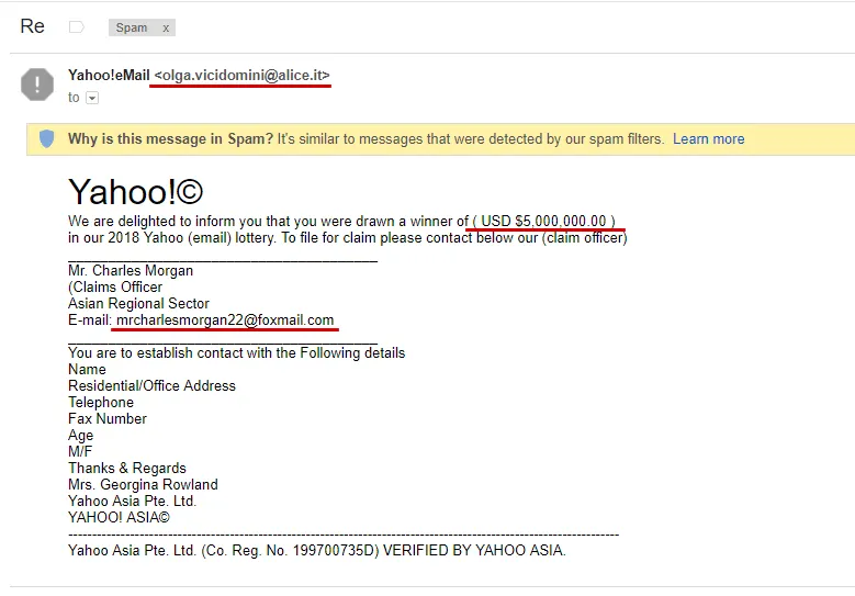 A spam Yahoo lottery scam email