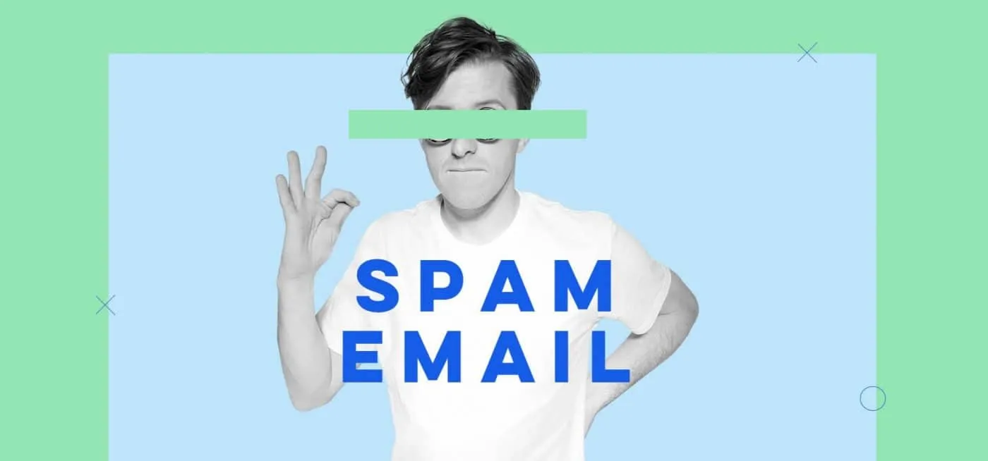 A graphic captioned "SPAM EMAIL": a young man in a white t-shirt making an OK sign, his eyes covered by a green censor bar, on a pale blue and mint background.