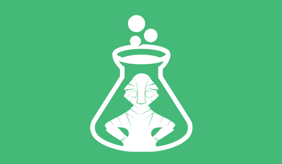 A white line-drawn figure standing with its hands on its hips inside a conical laboratory flask, bubbles rising from the neck, on a flat green background.