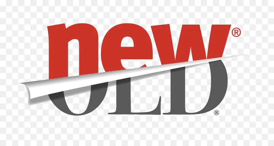 The word "new" in red peeling away to reveal the word "old" in grey underneath.