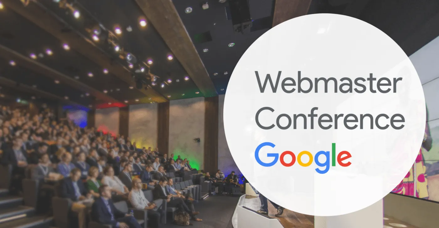 A full auditorium seen from the side, with a white circle over the photo reading "Webmaster Conference" above the Google logo.