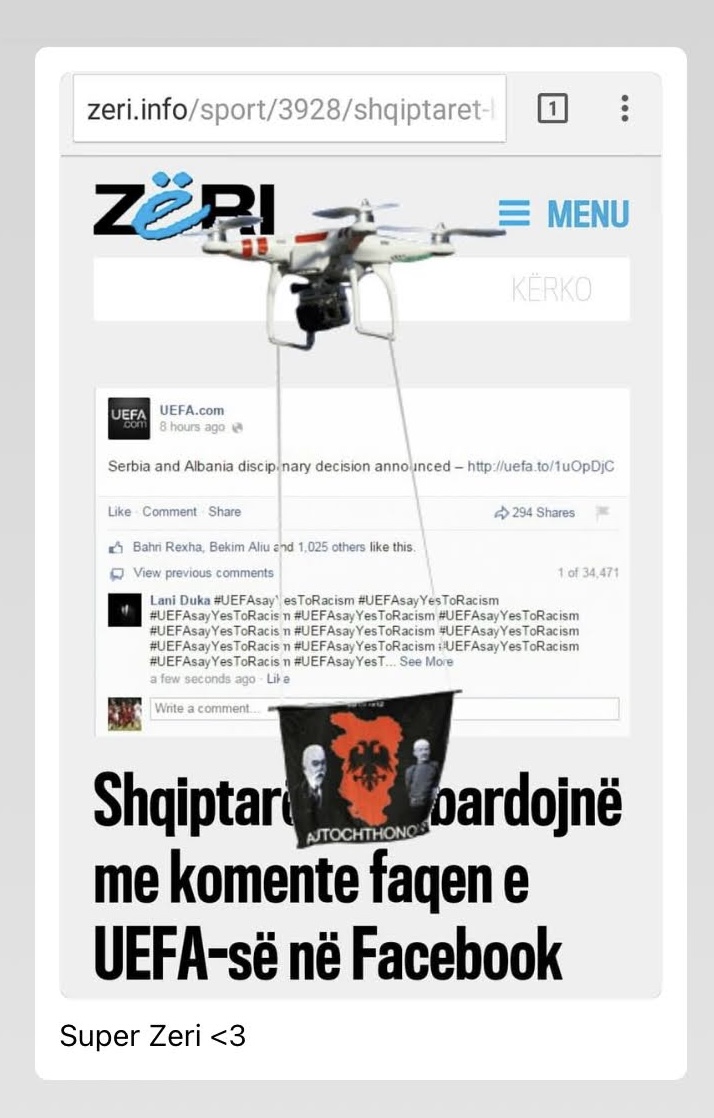 A screenshot of Zeri's mobile site with a drone flying across the page carrying a flag, shared with the caption "Super Zeri", above a headline about Albanians flooding UEFA's Facebook page with comments.